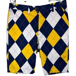 Loudmouth Golf Shorts, Blue and Gold Mega, Men's Size 34, Argyle Pattern